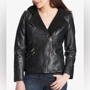 New With Tags Levi’s Black Faux Leather Sherpa Lined Hooded Jacket Coat